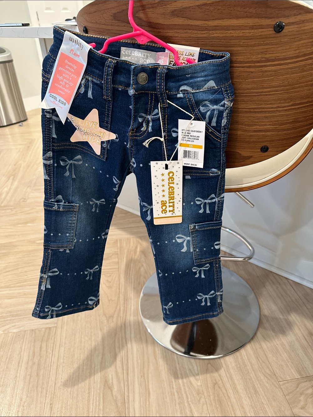 Girl’s Celebrity Ace Pink Navy Bow Print Cargo Jeans Size 5